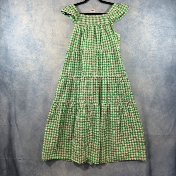 Old Navy Womens Green Gingham Smocked Tiered Midi Dress Flutter Sleeve Medium - Picture 6 of 8